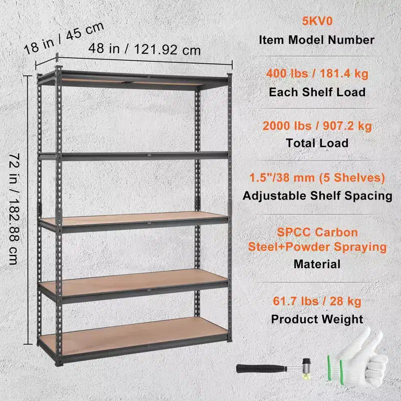 Storage Shelving Unit 48x18x72 Inch, 5-Tier Adjustable 2000 lbs Capacity, Heavy Duty Garage Shelves Metal Organizer Utility Rack, Black