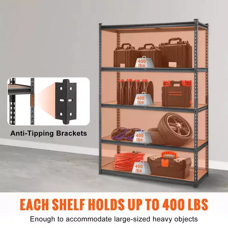 Storage Shelving Unit 48x18x72 Inch, 5-Tier Adjustable 2000 lbs Capacity, Heavy Duty Garage Shelves Metal Organizer Utility Rack, Black