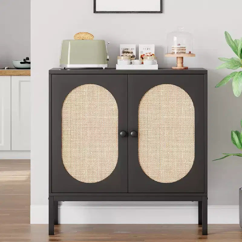 Rattan Storage Cabinet with Doors & Shelves, Wood Buffet Sideboard & Console for Living Room, Dining Room, Hallway (2pcs)