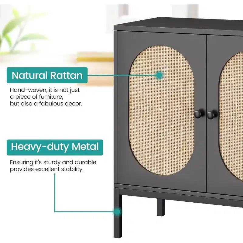 Rattan Storage Cabinet with Doors & Shelves, Wood Buffet Sideboard & Console for Living Room, Dining Room, Hallway (2pcs)