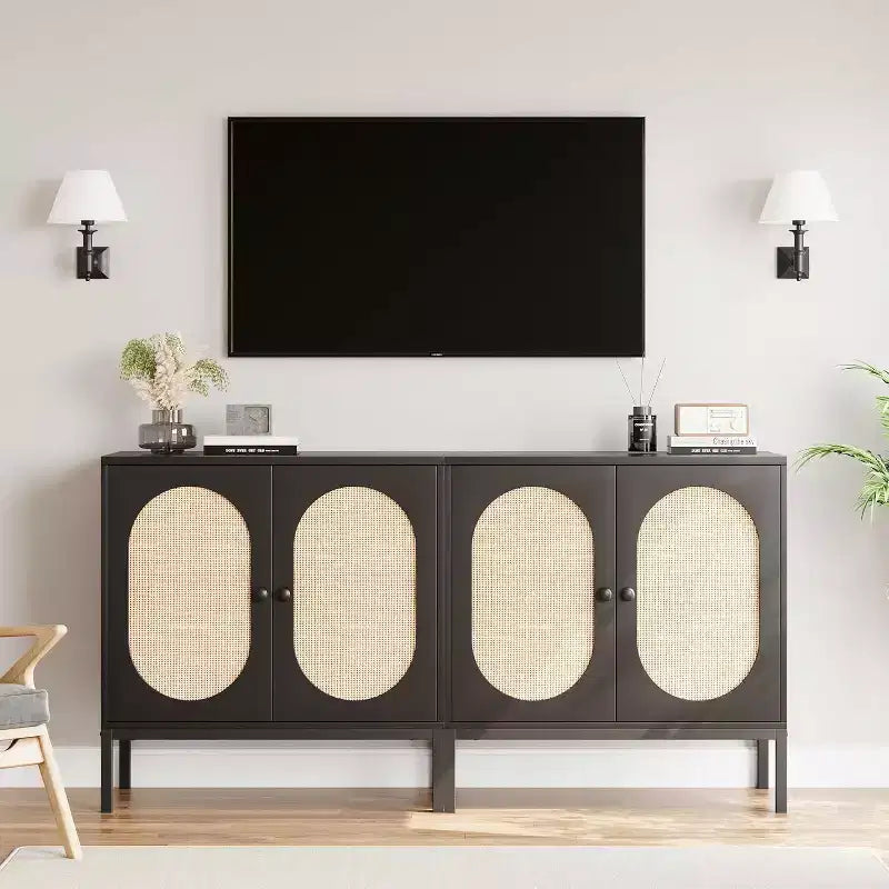 Rattan Storage Cabinet with Doors & Shelves, Wood Buffet Sideboard & Console for Living Room, Dining Room, Hallway (2pcs)