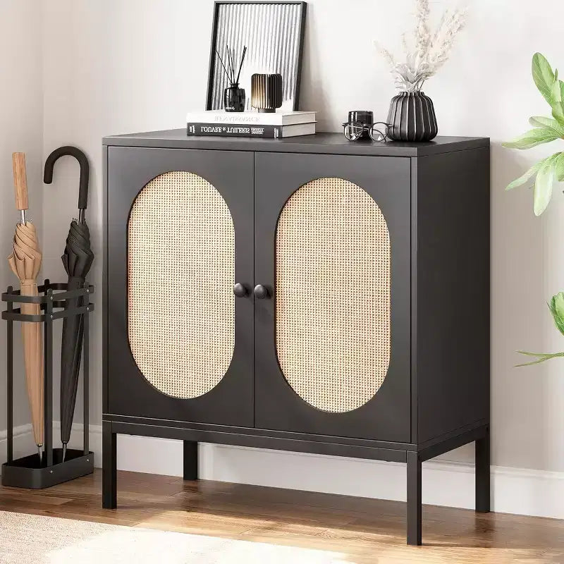Rattan Storage Cabinet with Doors & Shelves, Wood Buffet Sideboard & Console for Living Room, Dining Room, Hallway (2pcs)