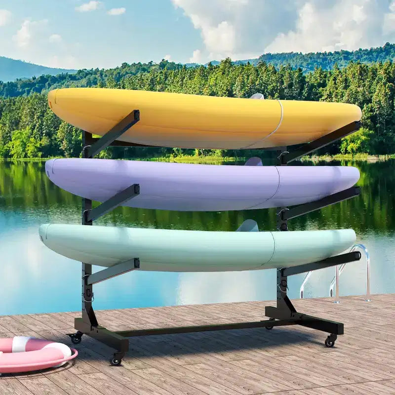 VIYET 41H Freestanding Kayak Storage Rack, Heavy-Duty Adjustable Stand with Lockable Wheels, Holds 3 Kayaks/Canoe/SUP/Surfboard (Black)