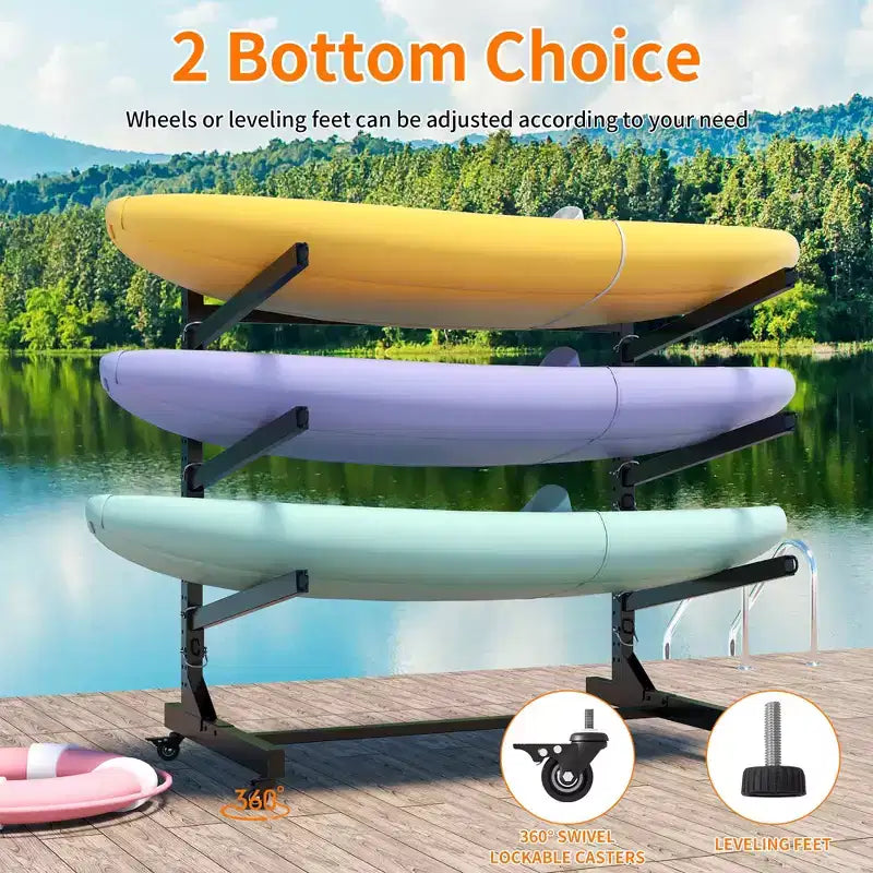 VIYET 41H Freestanding Kayak Storage Rack, Heavy-Duty Adjustable Stand with Lockable Wheels, Holds 3 Kayaks/Canoe/SUP/Surfboard (Black)