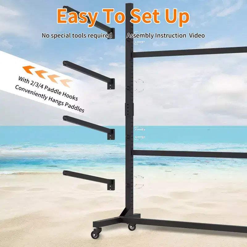 VIYET 41H Freestanding Kayak Storage Rack, Heavy-Duty Adjustable Stand with Lockable Wheels, Holds 3 Kayaks/Canoe/SUP/Surfboard (Black)