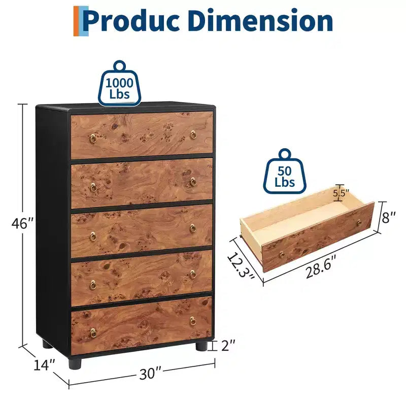 COZONY 5-Drawer Dresser with Curved Profile, 46 in Tall Modern Chest with Natural Oak Texture