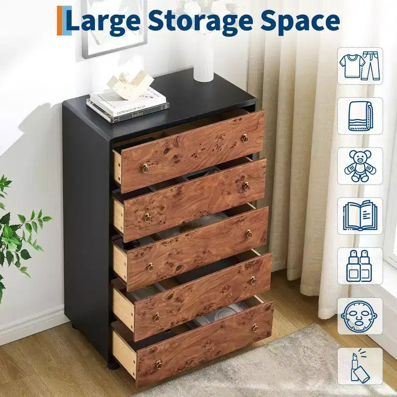 COZONY 5-Drawer Dresser with Curved Profile, 46 in Tall Modern Chest with Natural Oak Texture