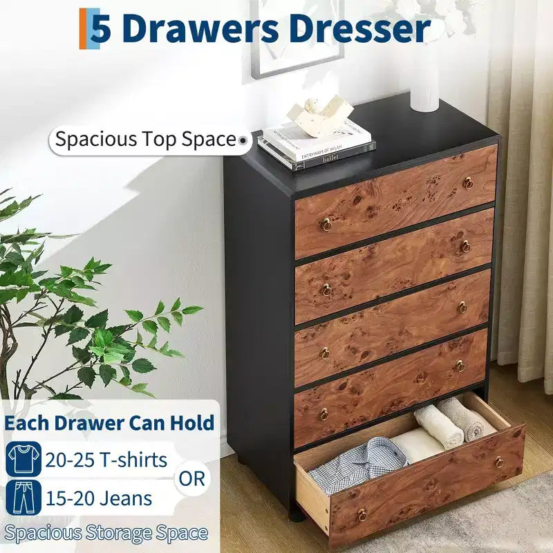 COZONY 5-Drawer Dresser with Curved Profile, 46 in Tall Modern Chest with Natural Oak Texture