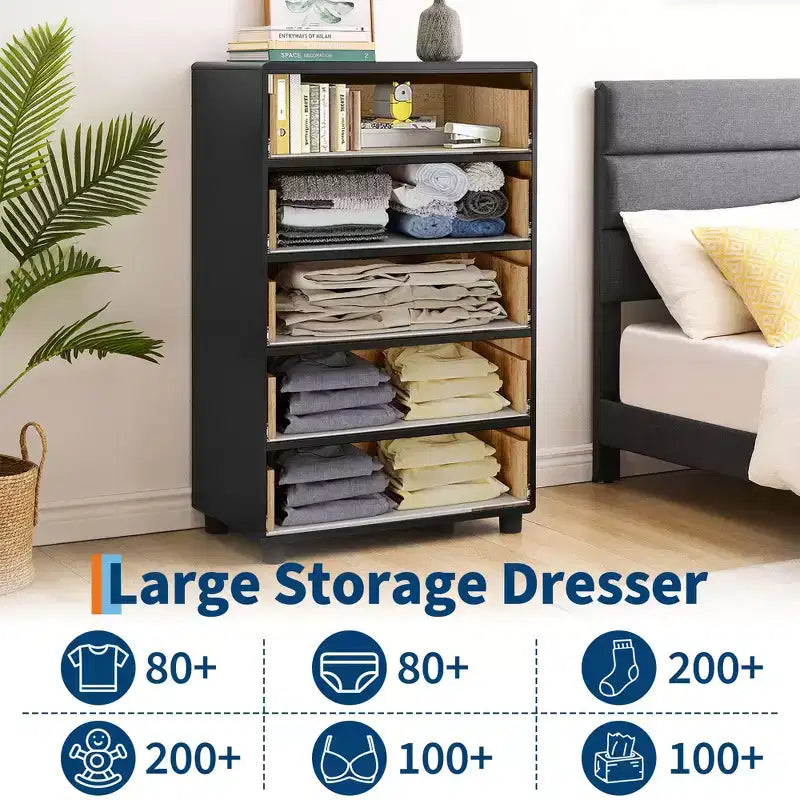 COZONY 5-Drawer Dresser with Curved Profile, 46 in Tall Modern Chest with Natural Oak Texture