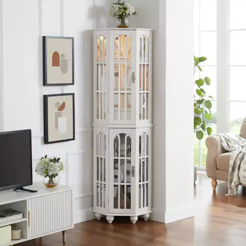 Corner Curio Cabinet with Lights, Glass Display Cabinet Display Case Storage Showcase with Adjustable Shelves, Mirrored Back Panel
