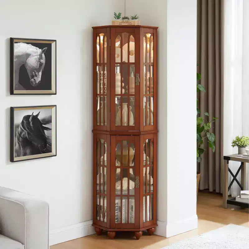 Corner Curio Cabinet with Lights, Glass Display Cabinet Display Case Storage Showcase with Adjustable Shelves, Mirrored Back Panel