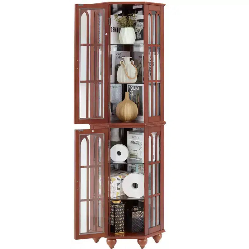 Corner Curio Cabinet with Lights, Glass Display Cabinet Display Case Storage Showcase with Adjustable Shelves, Mirrored Back Panel