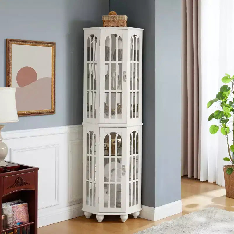 Corner Curio Cabinet with Lights, Glass Display Cabinet Display Case Storage Showcase with Adjustable Shelves, Mirrored Back Panel