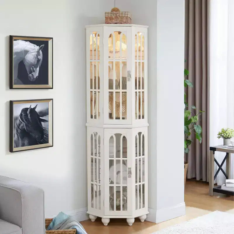 Corner Curio Cabinet with Lights, Glass Display Cabinet Display Case Storage Showcase with Adjustable Shelves, Mirrored Back Panel
