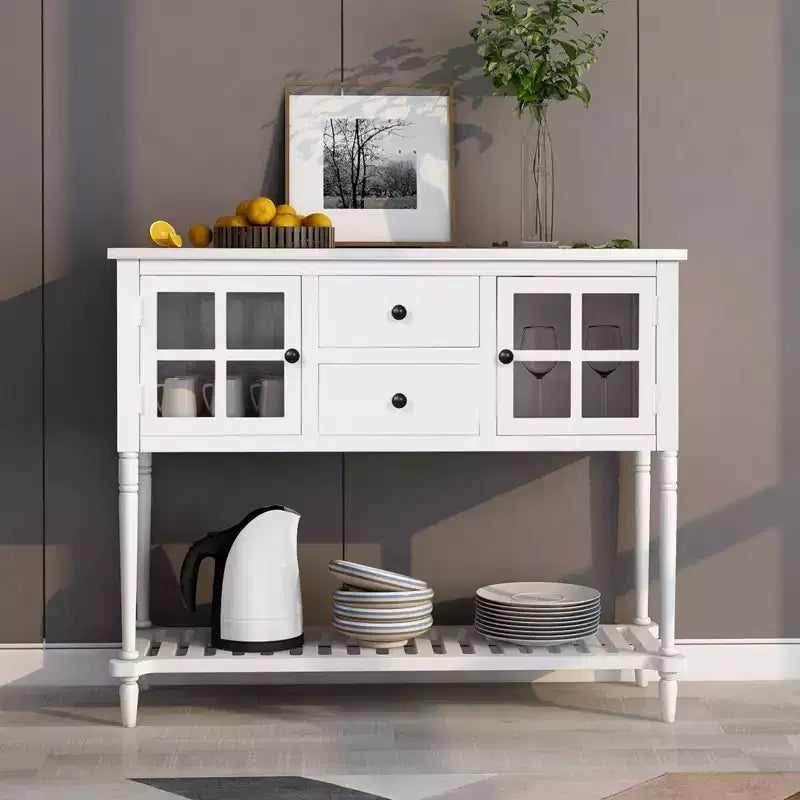 Farmhouse Style Console Table with Wood and Glass, Sideboard Buffet Storage Cabinet with Drawers and Shelf for Living Room, Hallway, Entryway