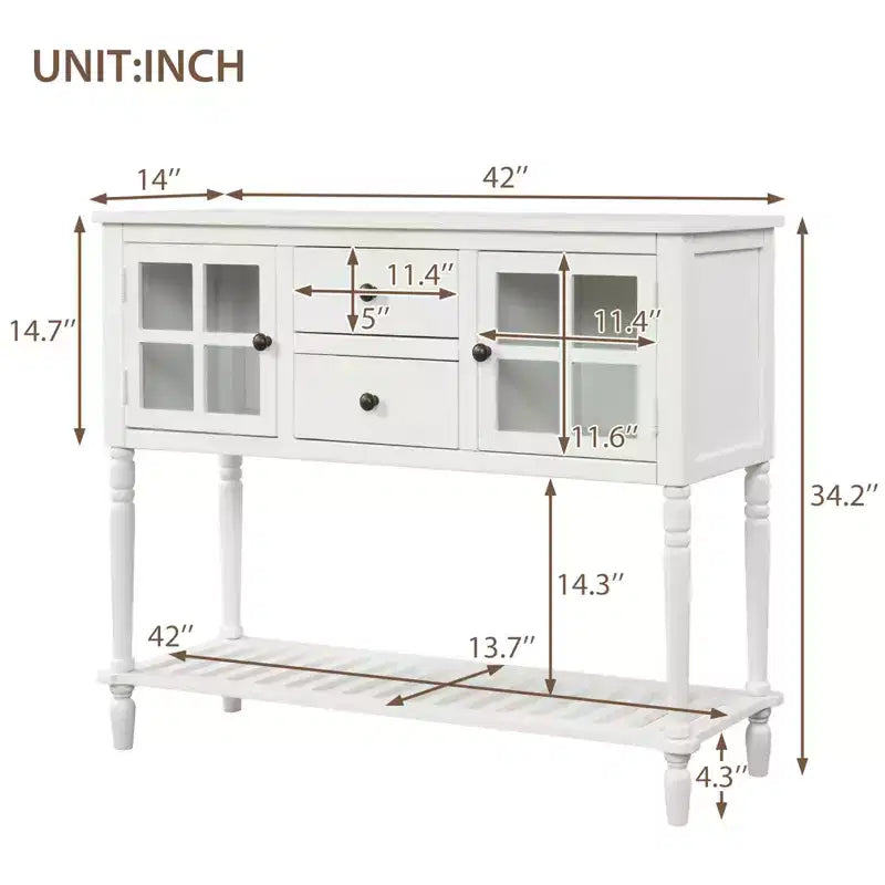 Farmhouse Style Console Table with Wood and Glass, Sideboard Buffet Storage Cabinet with Drawers and Shelf for Living Room, Hallway, Entryway