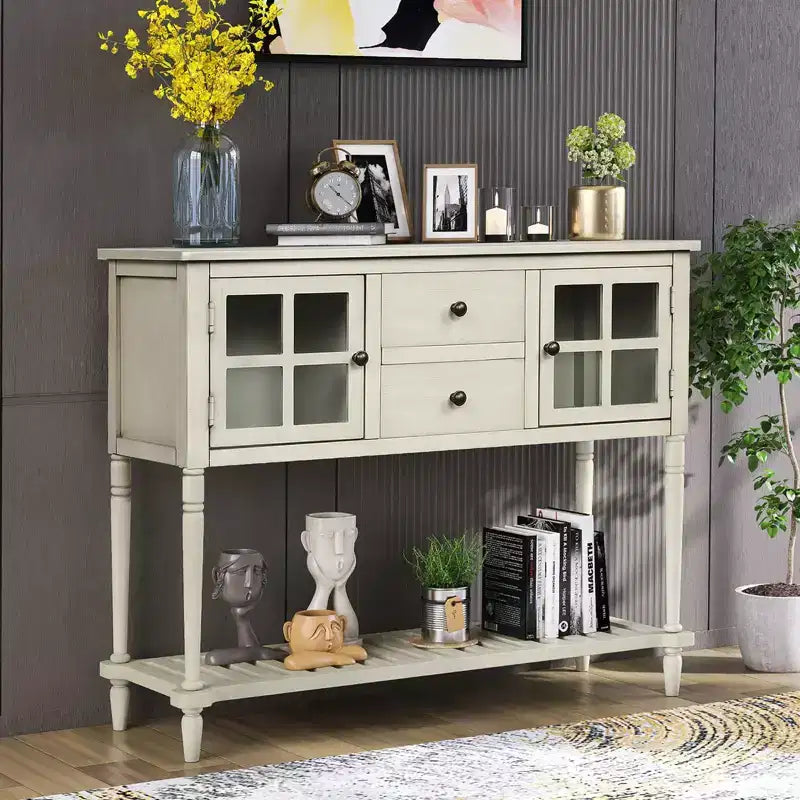 Farmhouse Style Console Table with Wood and Glass, Sideboard Buffet Storage Cabinet with Drawers and Shelf for Living Room, Hallway, Entryway