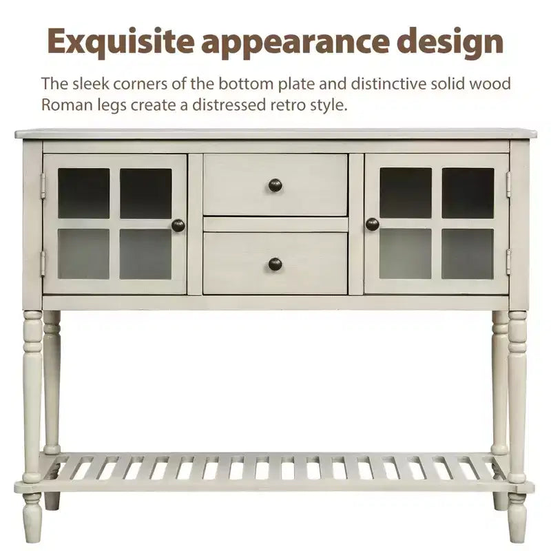 Farmhouse Style Console Table with Wood and Glass, Sideboard Buffet Storage Cabinet with Drawers and Shelf for Living Room, Hallway, Entryway