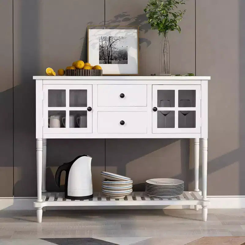 Farmhouse Style Console Table with Wood and Glass, Sideboard Buffet Storage Cabinet with Drawers and Shelf for Living Room, Hallway, Entryway