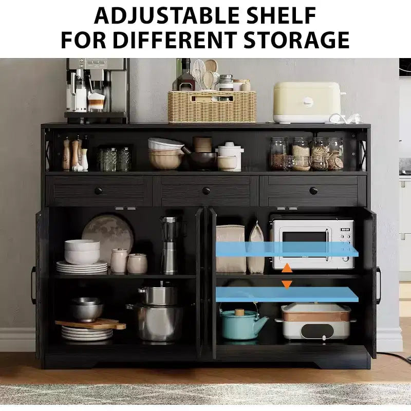 Farmhouse Black Sideboard Buffet Cabinet with Storage Shelf and Built-in Charging Station, 51-inch Large Coffee Bar Hutch,for Living Room,Dining Room