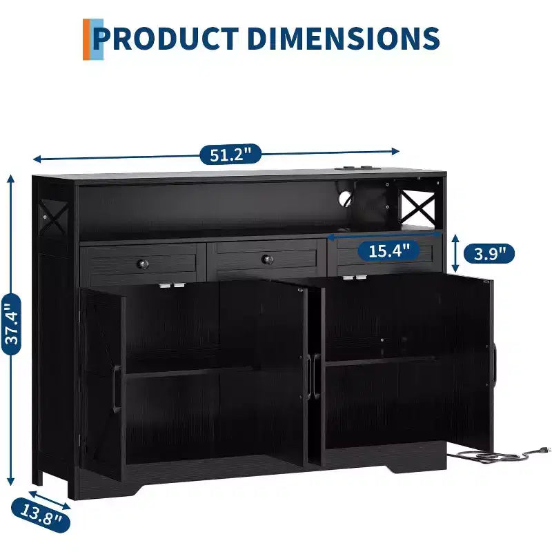 Farmhouse Black Sideboard Buffet Cabinet with Storage Shelf and Built-in Charging Station, 51-inch Large Coffee Bar Hutch,for Living Room,Dining Room