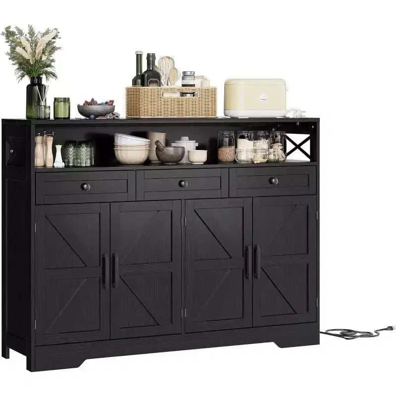Farmhouse Black Sideboard Buffet Cabinet with Storage Shelf and Built-in Charging Station, 51-inch Large Coffee Bar Hutch,for Living Room,Dining Room