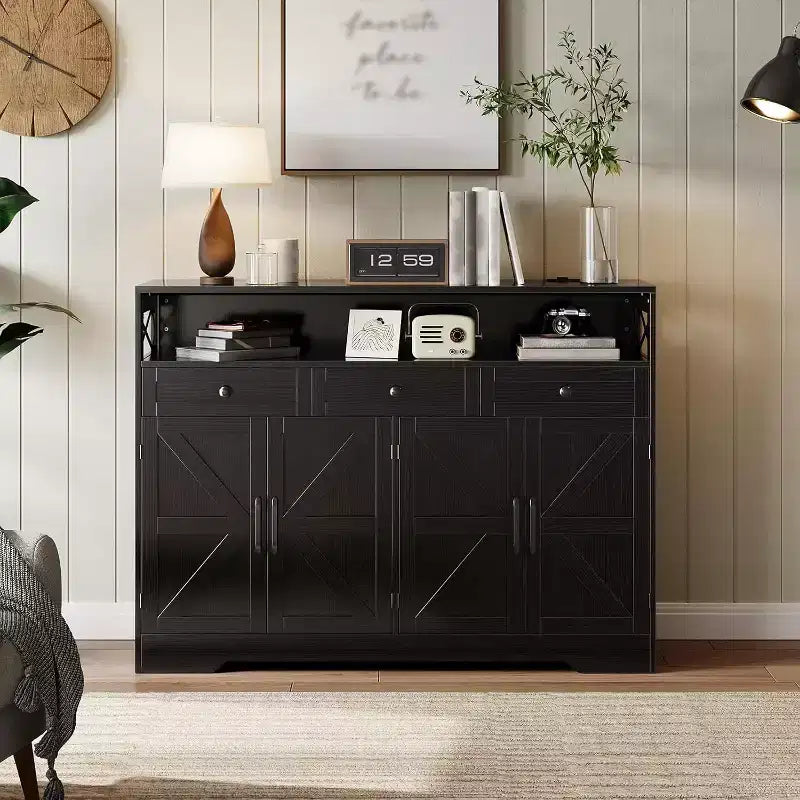 Farmhouse Black Sideboard Buffet Cabinet with Storage Shelf and Built-in Charging Station, 51-inch Large Coffee Bar Hutch,for Living Room,Dining Room