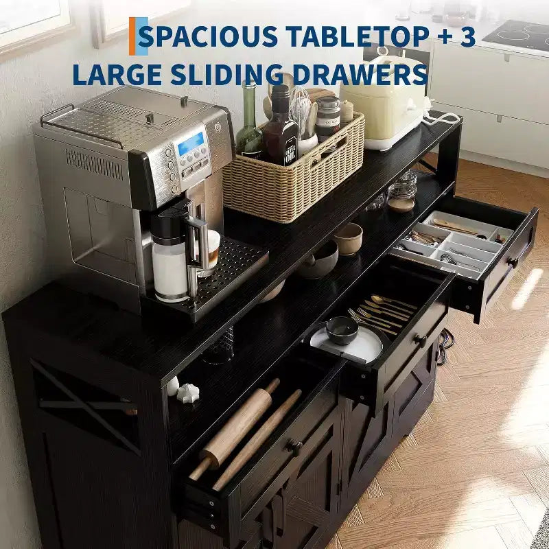 Farmhouse Black Sideboard Buffet Cabinet with Storage Shelf and Built-in Charging Station, 51-inch Large Coffee Bar Hutch,for Living Room,Dining Room