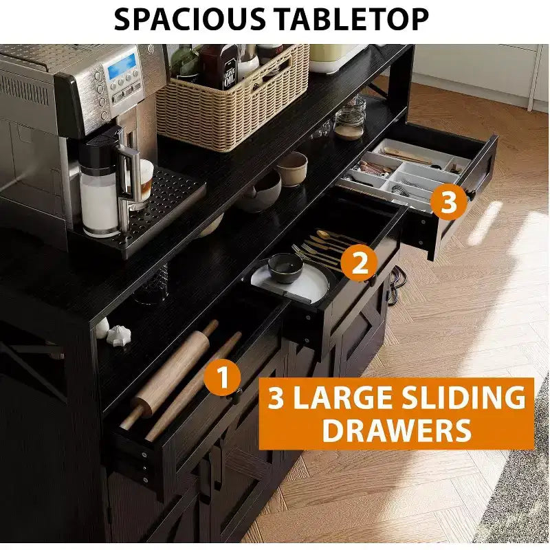 Farmhouse Black Sideboard Buffet Cabinet with Storage Shelf and Built-in Charging Station, 51-inch Large Coffee Bar Hutch,for Living Room,Dining Room