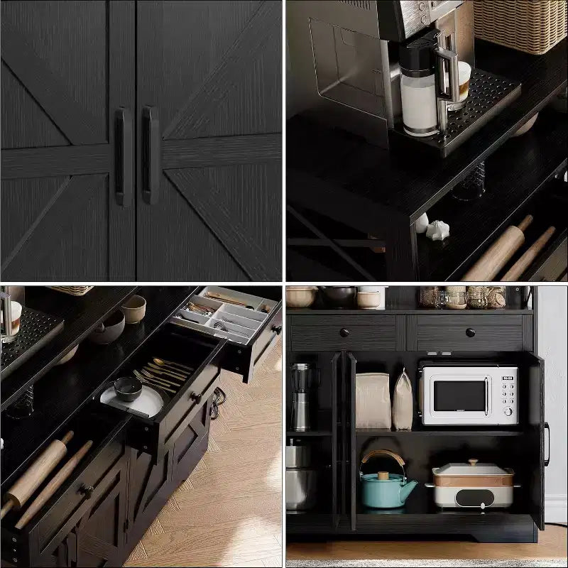 Farmhouse Black Sideboard Buffet Cabinet with Storage Shelf and Built-in Charging Station, 51-inch Large Coffee Bar Hutch,for Living Room,Dining Room