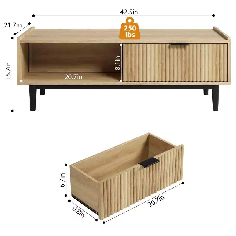 Mid-Century Modern Cocktail Table with Storage Drawer, Light Wood Grain Rectangle Living Room Center Table and Open Shelf