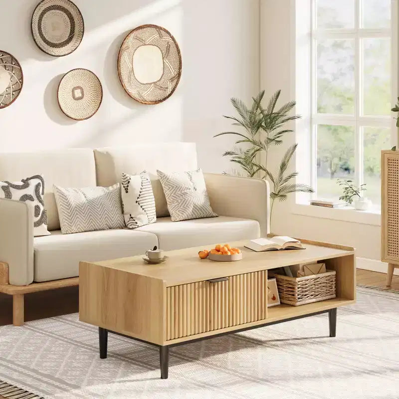 Mid-Century Modern Cocktail Table with Storage Drawer, Light Wood Grain Rectangle Living Room Center Table and Open Shelf
