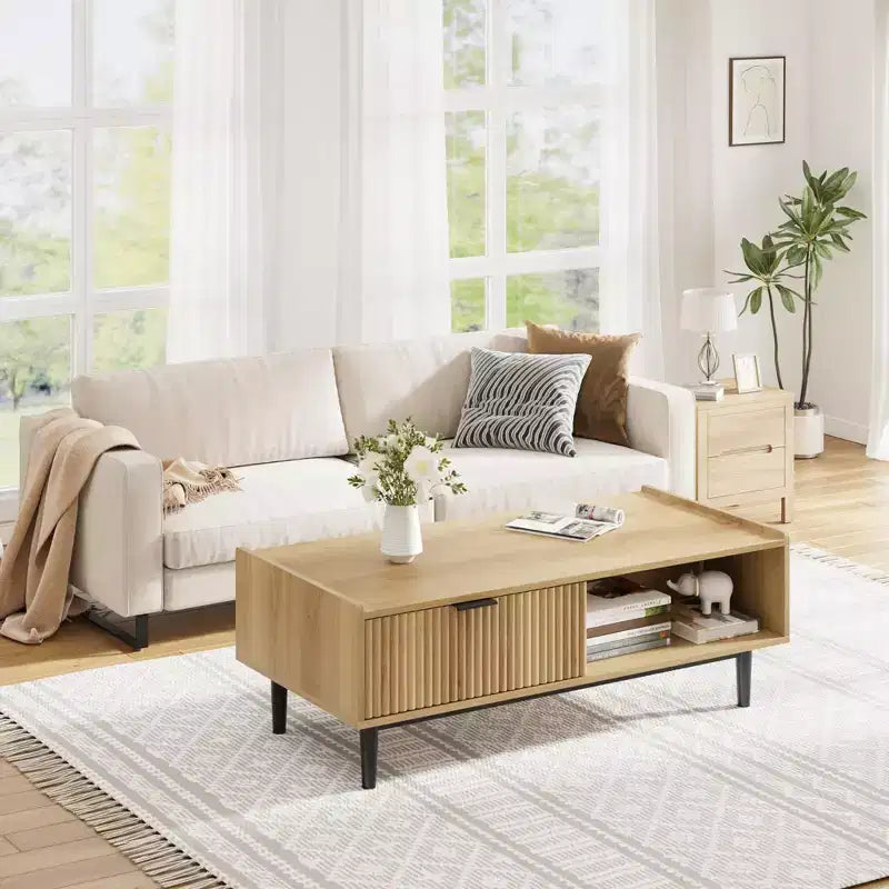 Mid-Century Modern Cocktail Table with Storage Drawer, Light Wood Grain Rectangle Living Room Center Table and Open Shelf