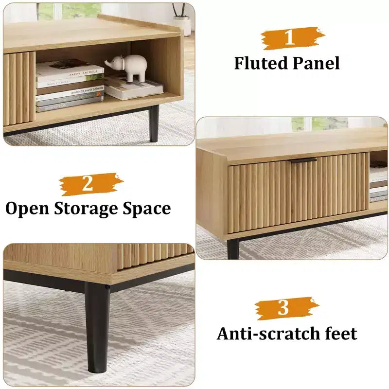 Mid-Century Modern Cocktail Table with Storage Drawer, Light Wood Grain Rectangle Living Room Center Table and Open Shelf