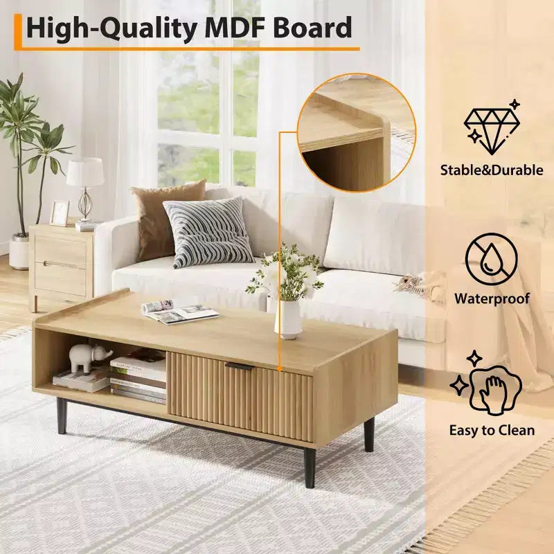Mid-Century Modern Cocktail Table with Storage Drawer, Light Wood Grain Rectangle Living Room Center Table and Open Shelf