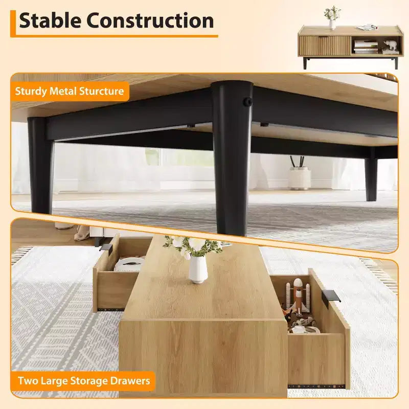Mid-Century Modern Cocktail Table with Storage Drawer, Light Wood Grain Rectangle Living Room Center Table and Open Shelf