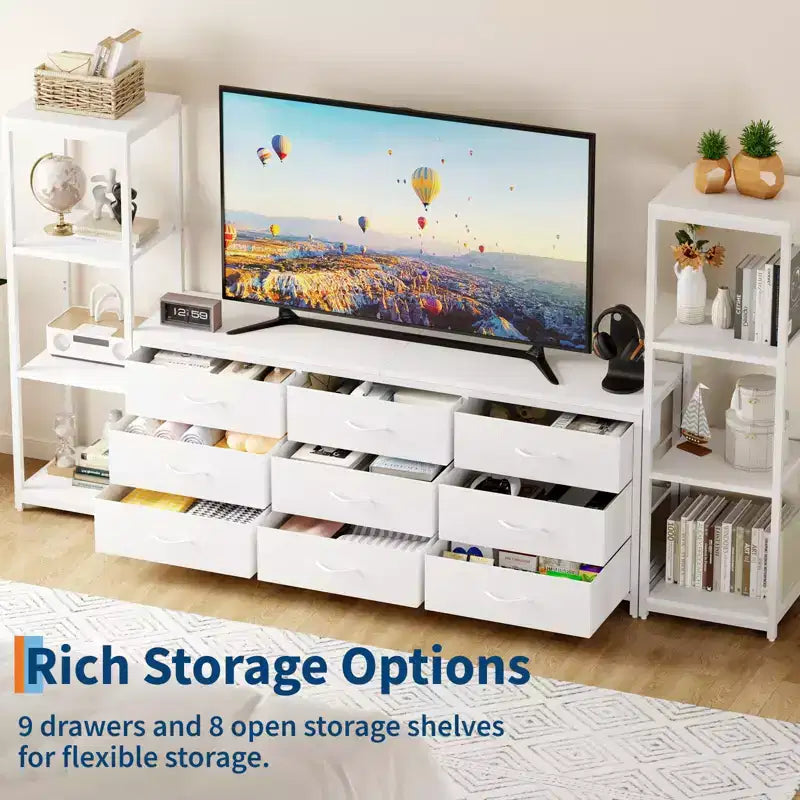 Acekool TV Stand for 75 Inch TV, Modern Entertainment Center with LED Lights, Power Outlets, 6 Drawers & Bookshelves, Black