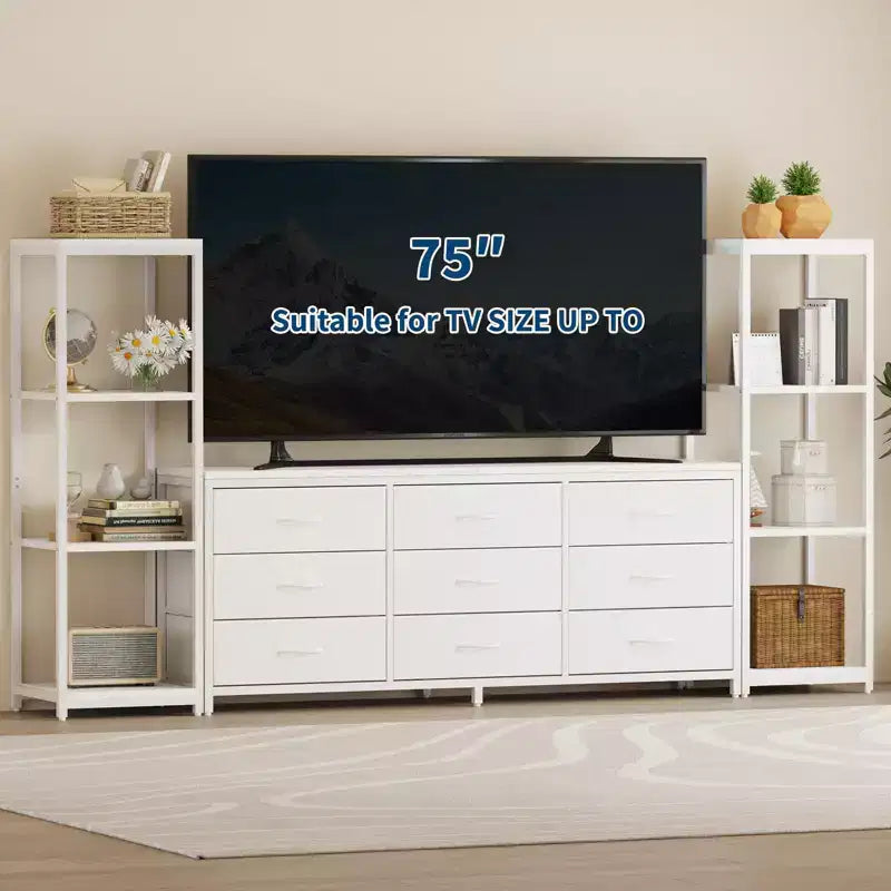 Acekool TV Stand for 75 Inch TV, Modern Entertainment Center with LED Lights, Power Outlets, 6 Drawers & Bookshelves, Black