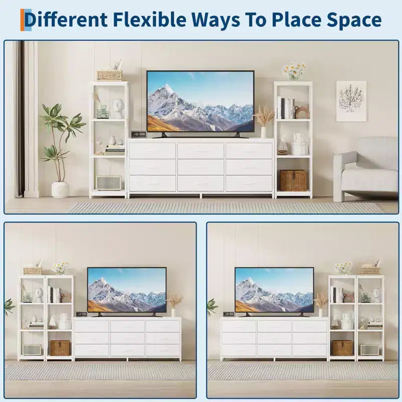 Acekool TV Stand for 75 Inch TV, Modern Entertainment Center with LED Lights, Power Outlets, 6 Drawers & Bookshelves, Black