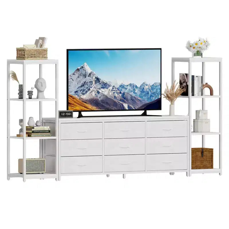 Acekool TV Stand for 75 Inch TV, Modern Entertainment Center with LED Lights, Power Outlets, 6 Drawers & Bookshelves, Black