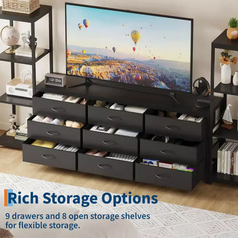 Acekool TV Stand for 75 Inch TV, Modern Entertainment Center with LED Lights, Power Outlets, 6 Drawers & Bookshelves, Black
