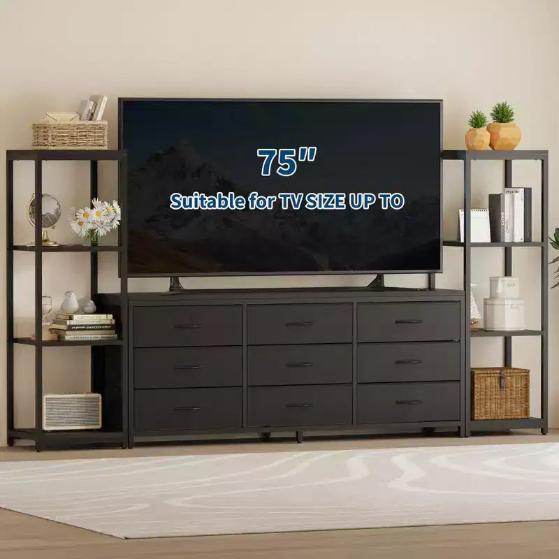 Acekool TV Stand for 75 Inch TV, Modern Entertainment Center with LED Lights, Power Outlets, 6 Drawers & Bookshelves, Black