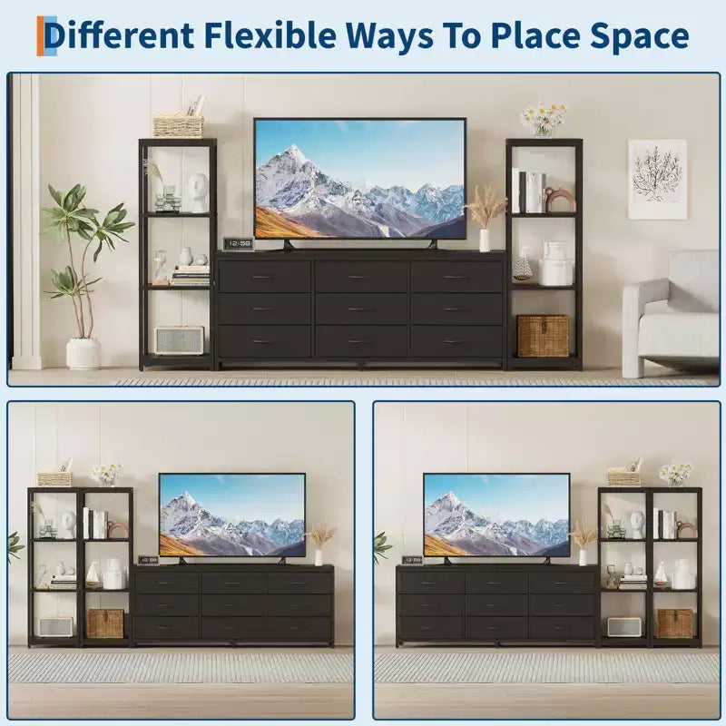 Acekool TV Stand for 75 Inch TV, Modern Entertainment Center with LED Lights, Power Outlets, 6 Drawers & Bookshelves, Black