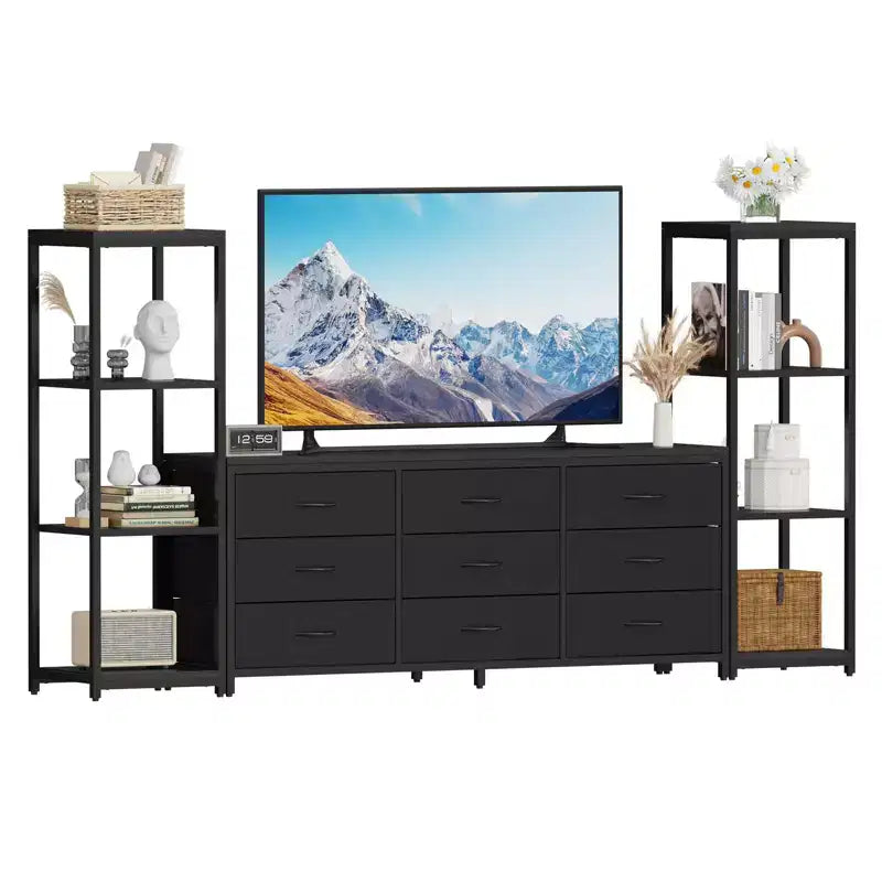 Acekool TV Stand for 75 Inch TV, Modern Entertainment Center with LED Lights, Power Outlets, 6 Drawers & Bookshelves, Black
