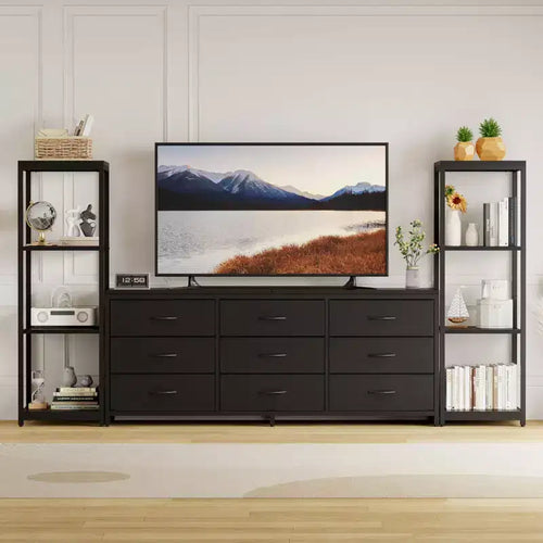 Acekool TV Stand for 75 Inch TV, Modern Entertainment Center with LED Lights, Power Outlets, 6 Drawers & Bookshelves, Black