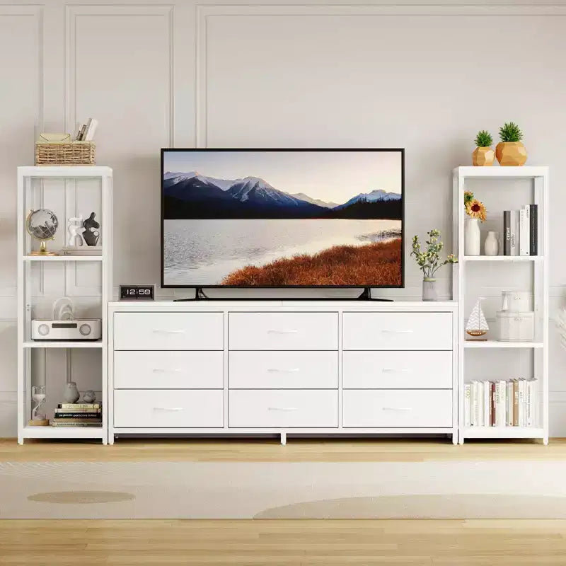 Acekool TV Stand for 75 Inch TV, Modern Entertainment Center with LED Lights, Power Outlets, 6 Drawers & Bookshelves, Black