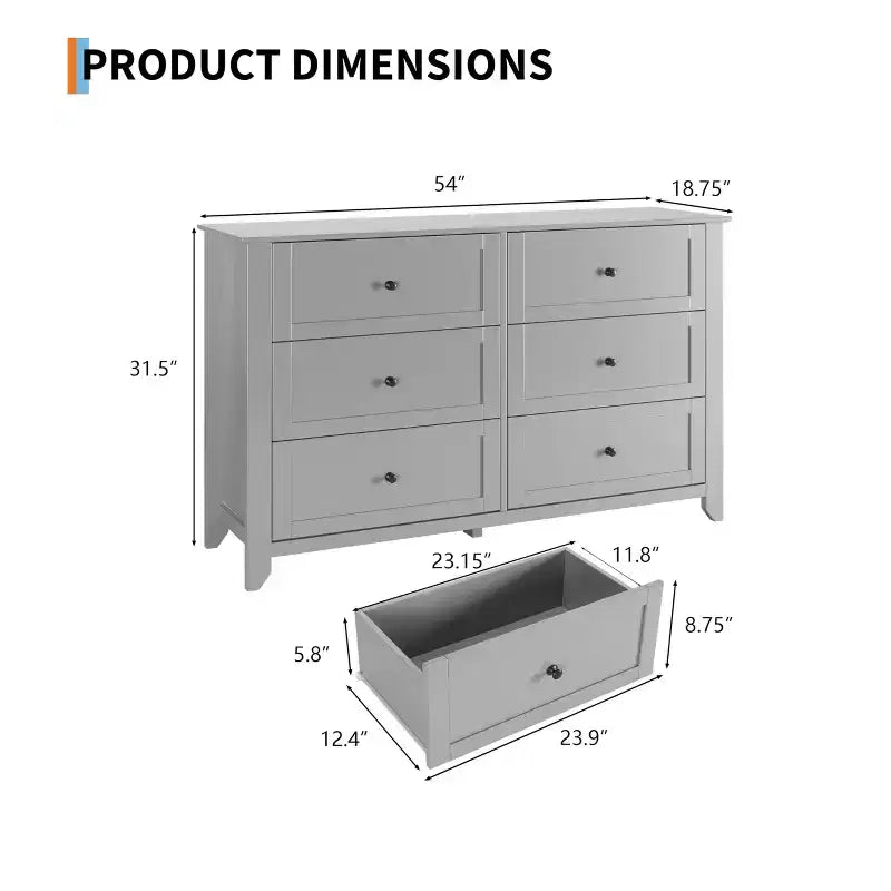 6 Drawer Dresser for Bedroom, 54W Wooden Chest of Drawers with Metal Knobs, Dresser TV Stand, Clothes Storage Organizer for Bedroom,Hallway, Black