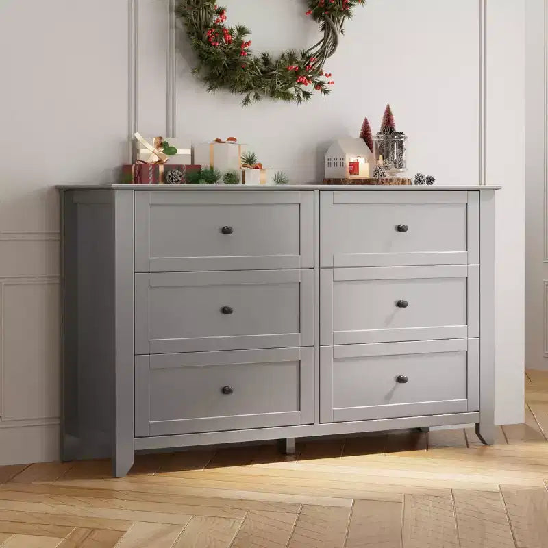 6 Drawer Dresser for Bedroom, 54W Wooden Chest of Drawers with Metal Knobs, Dresser TV Stand, Clothes Storage Organizer for Bedroom,Hallway, Black