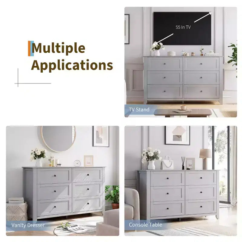 6 Drawer Dresser for Bedroom, 54W Wooden Chest of Drawers with Metal Knobs, Dresser TV Stand, Clothes Storage Organizer for Bedroom,Hallway, Black