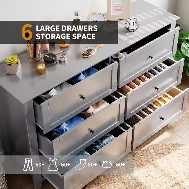 6 Drawer Dresser for Bedroom, 54W Wooden Chest of Drawers with Metal Knobs, Dresser TV Stand, Clothes Storage Organizer for Bedroom,Hallway, Black